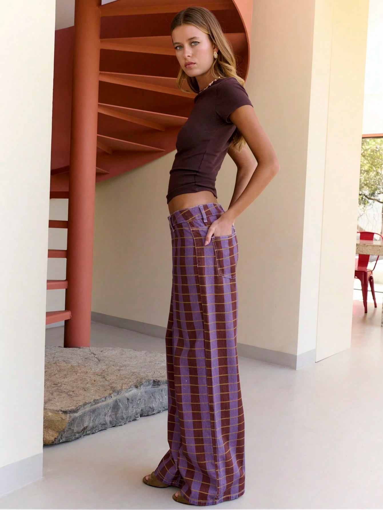 Purple Brown Straight-Leg Pants