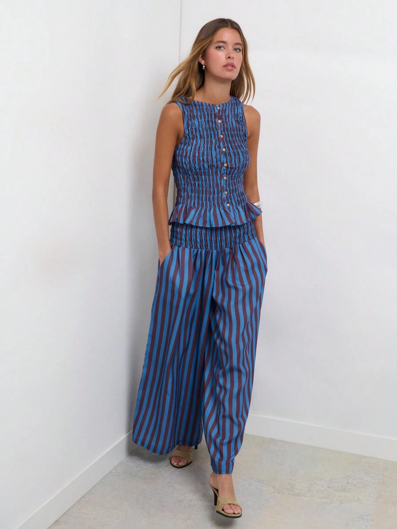Striped Two Pieces Set With Wide-Leg Pants