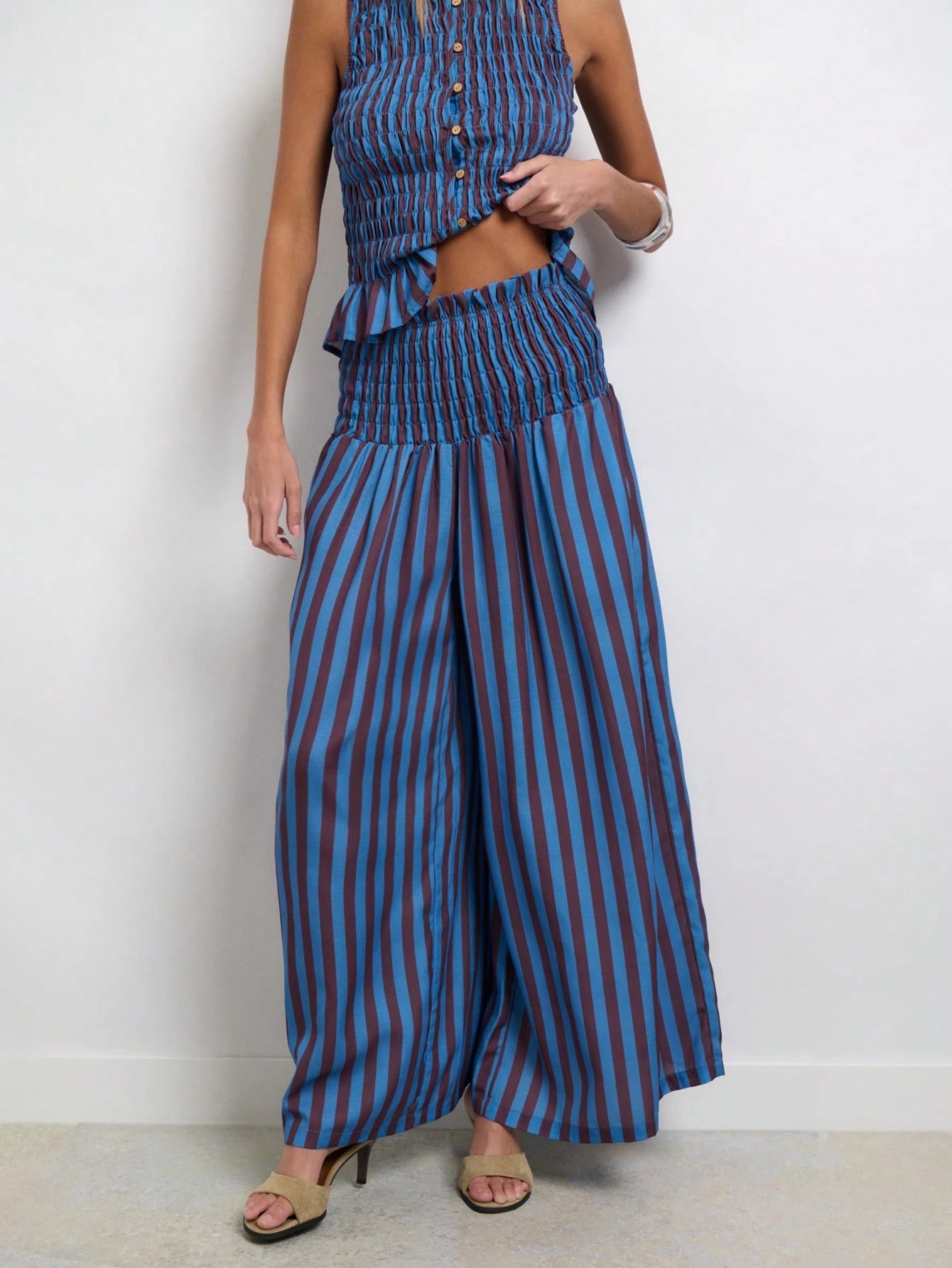 Striped Two Pieces Set With Wide-Leg Pants