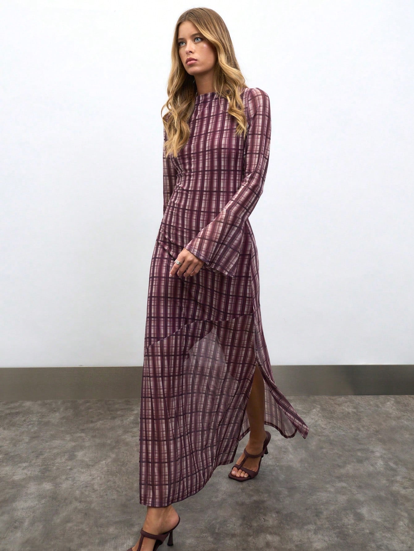 Plaid Long Dress With Flared Cuff