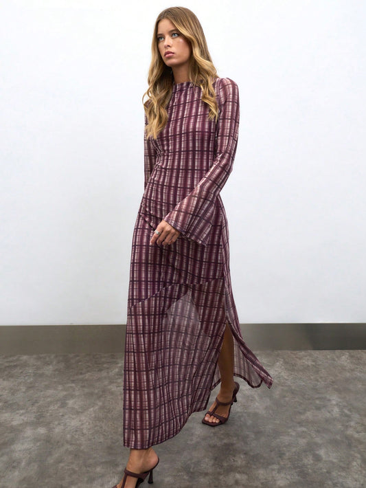 Plaid Long Dress With Flared Cuff