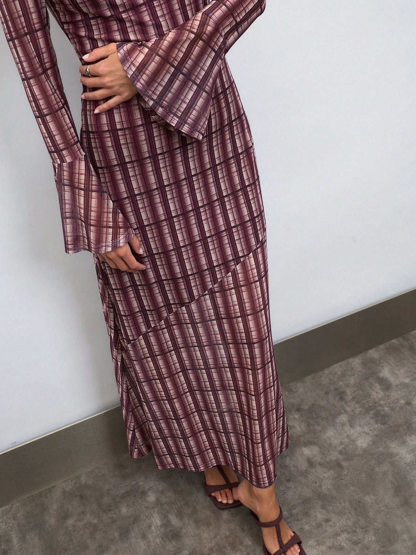 Plaid Long Dress With Flared Cuff