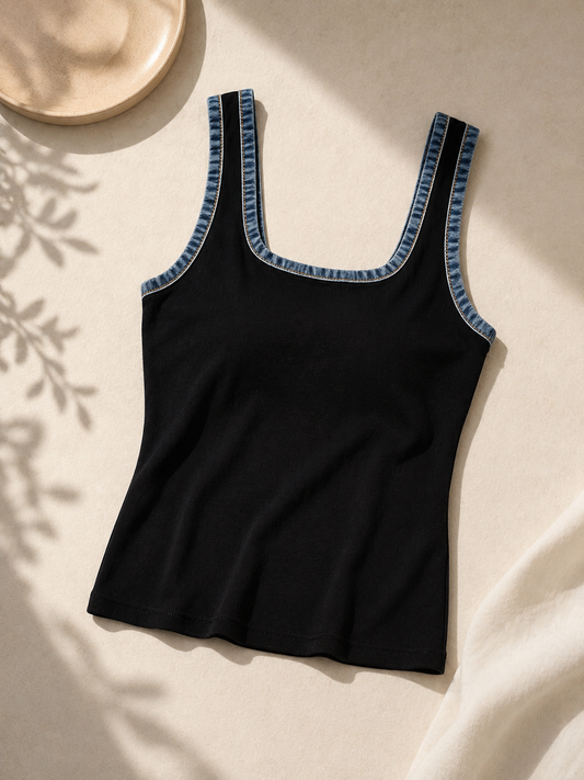Denim Contrast Women Tank Top