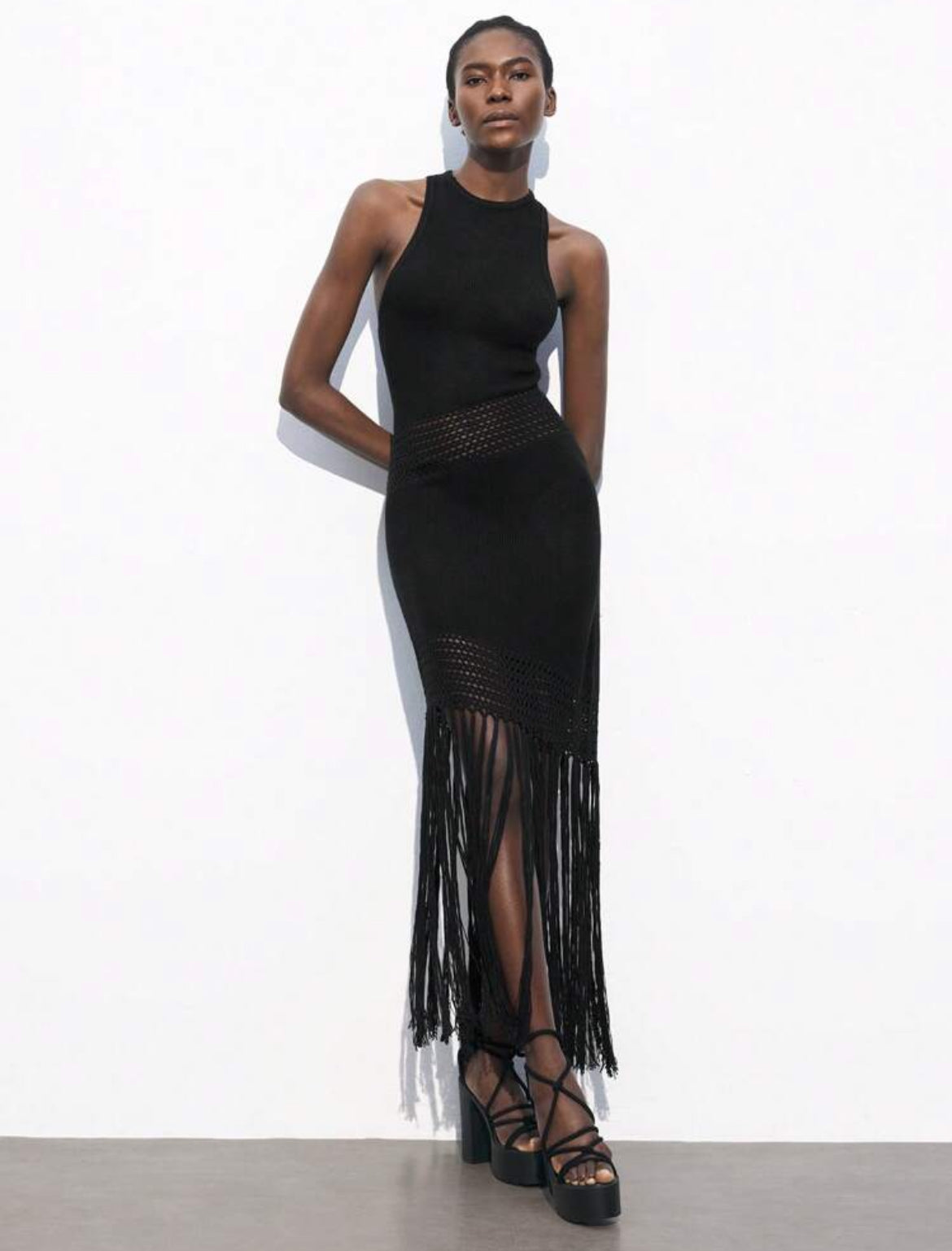 Fringes Black Knit Dress