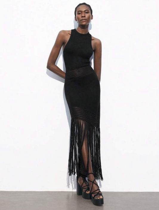 Fringes Black Knit Dress