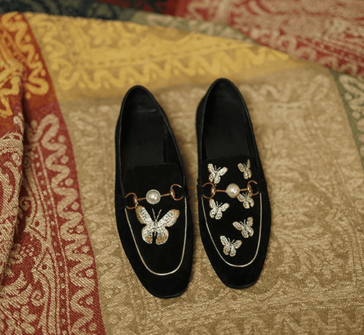 Embroidery Velvet Flats