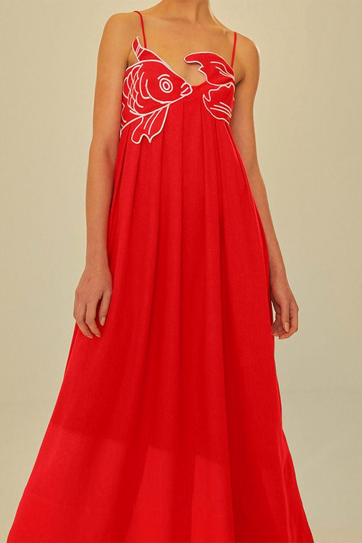 Red Fish Embroidered Long Dress