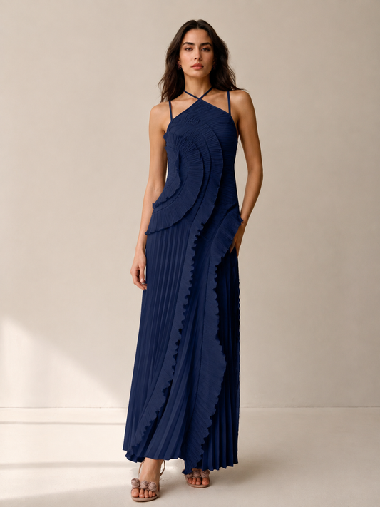Halter Pleated Blue Dress