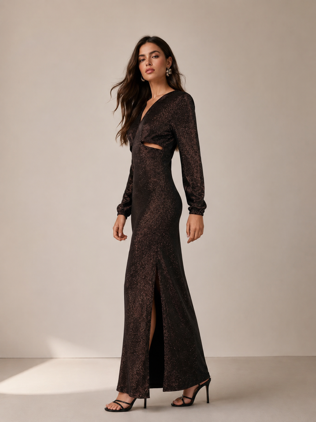 Shimmery Bronze Long-Sleeve Dress