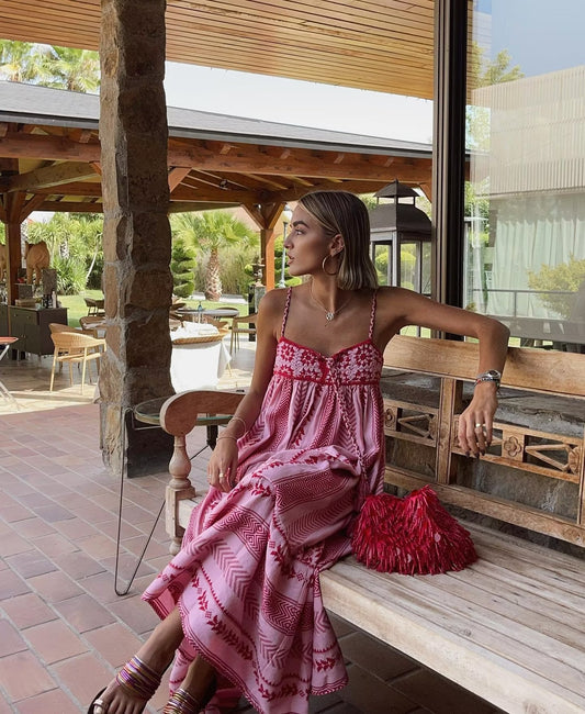 Pink &Red Geometric Long Dress