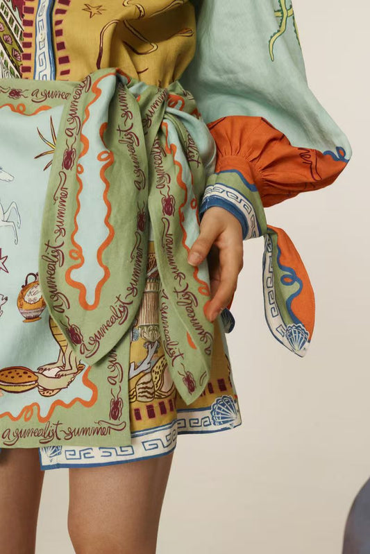 Turquoise Printed Long Sleeved Dress
