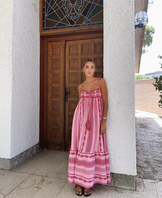 Pink &Red Geometric Long Dress