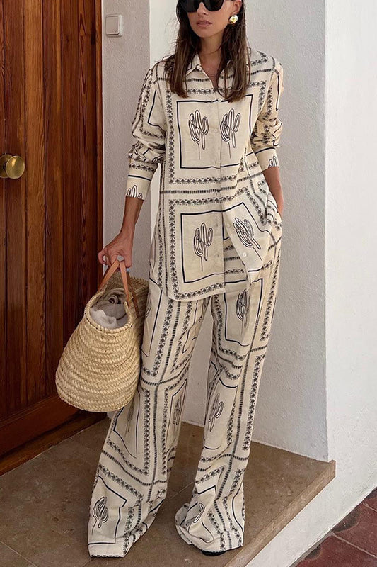 Beige & Black Printed Pants Set