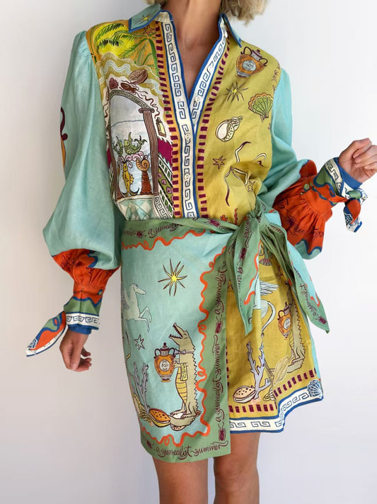 Turquoise Printed Long Sleeved Dress