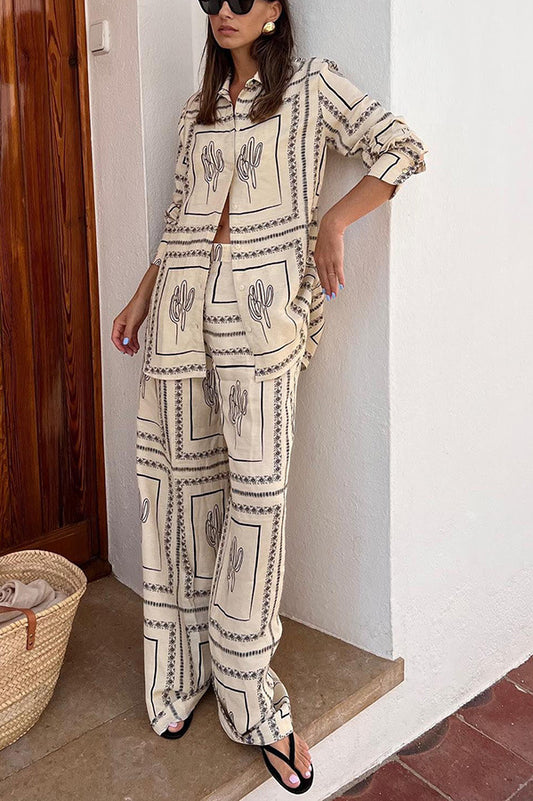 Beige & Black Printed Pants Set