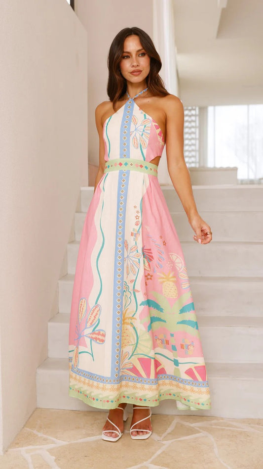 Cut Out Halter Printed Dress