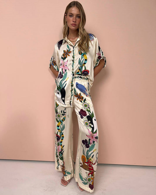 Satin Printed Pants Set