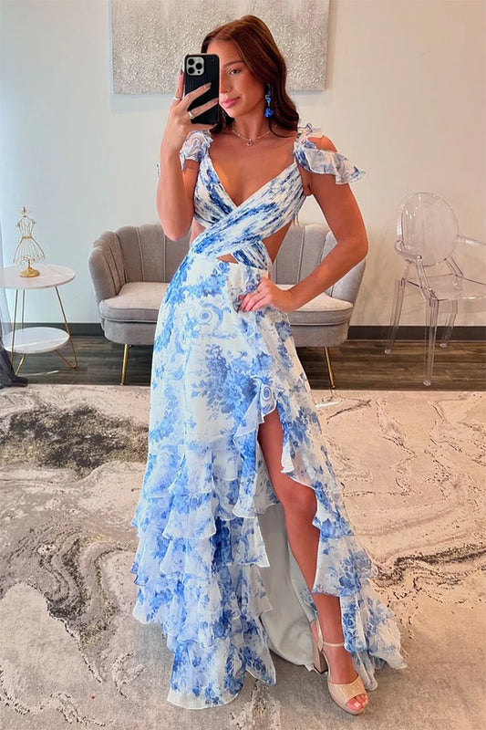 Cut Out Blue Printed Dress