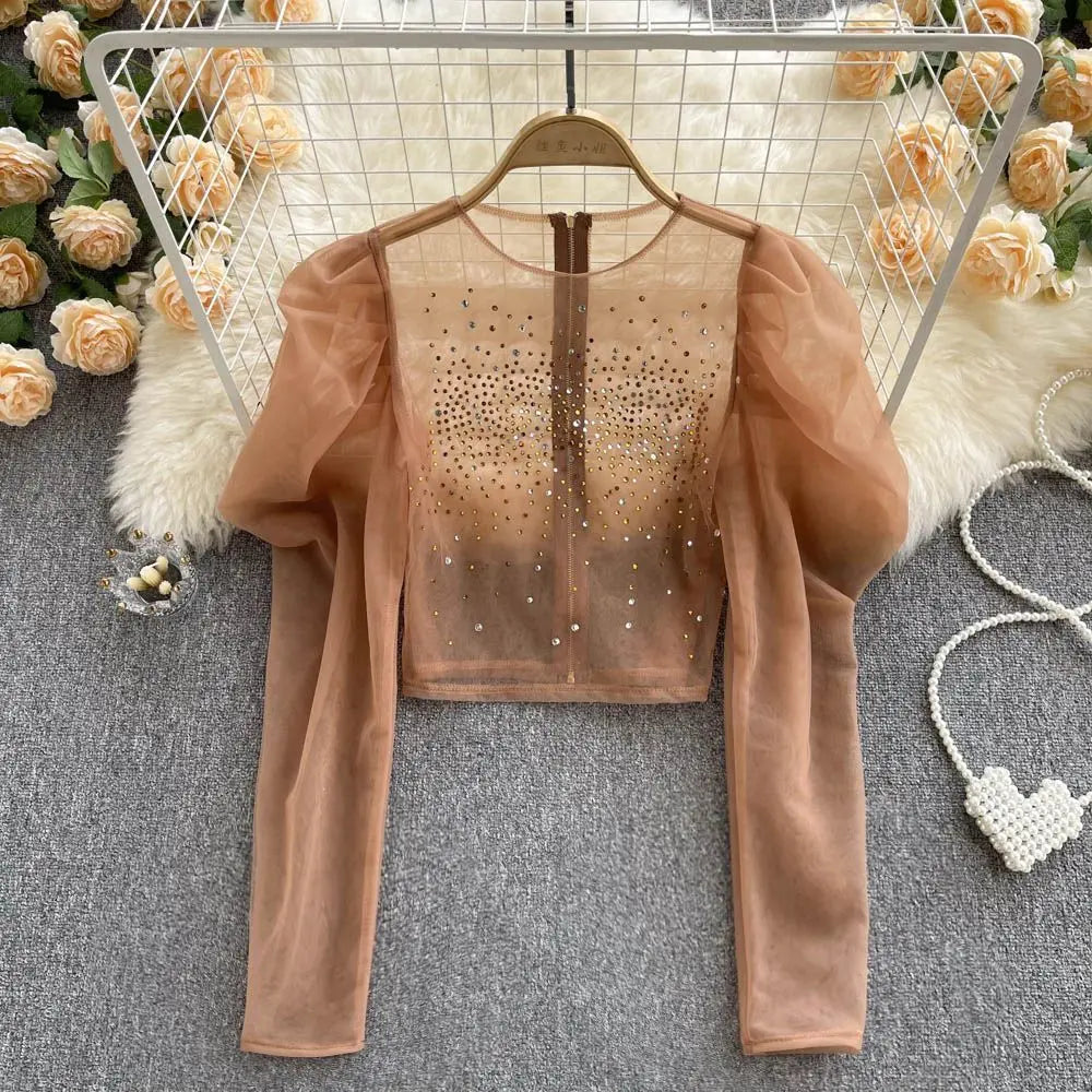 Apricot Rhinestone Organza Top