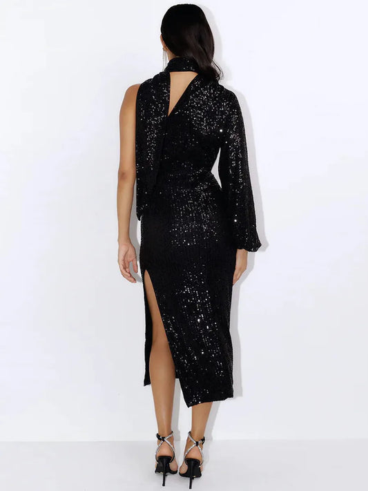 Black One Shoulder Sequins Dress