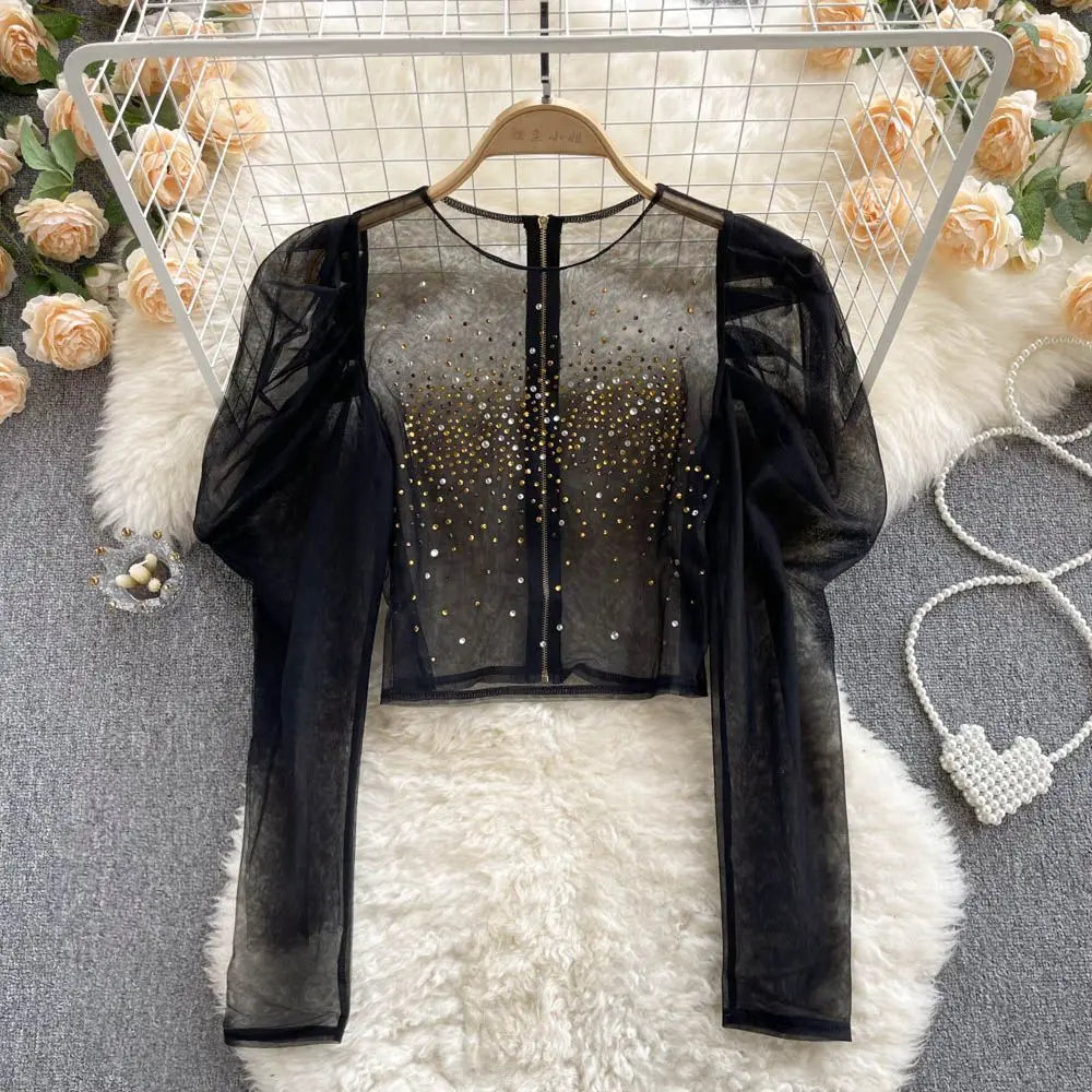 Black Rhinestone Organza Top