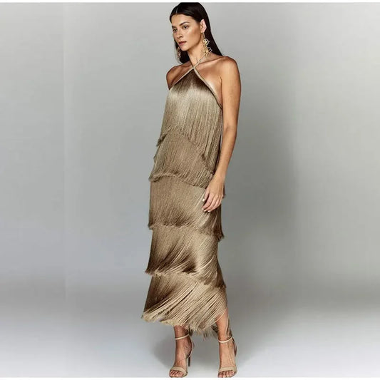 Camel Fringes Long Dress