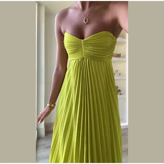 Green Pleated Strapless Dress