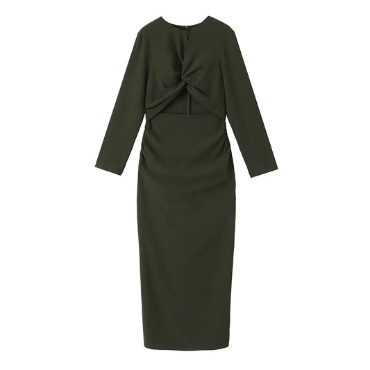 Dark Green Front Knot Midi Dress