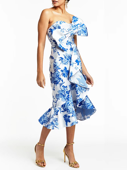 Blue Floral Printed Dress with Bow