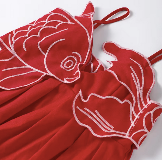 Red Fish Embroidered Long Dress