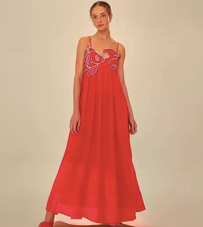 Red Fish Embroidered Long Dress