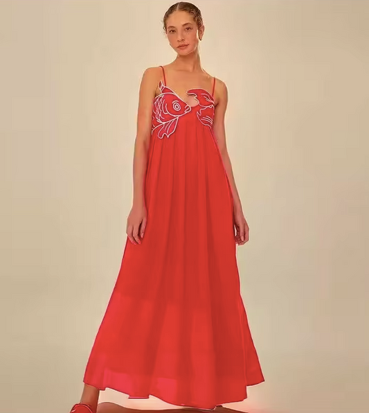 Red Fish Embroidered Long Dress