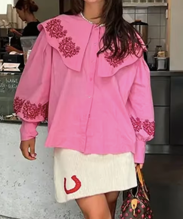 Pink Embroidery Big Collar Shirt