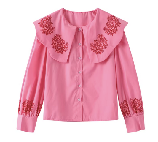 Pink Embroidery Big Collar Shirt