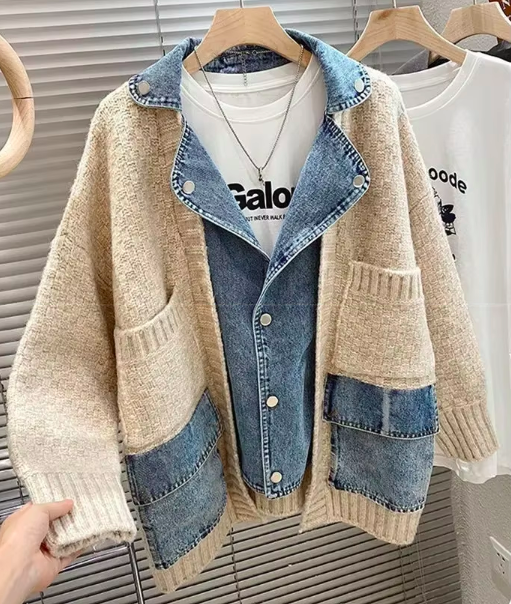 Beige Knit/Denim Sweater Jacket