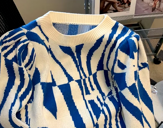 White & Blue Printed Sweater