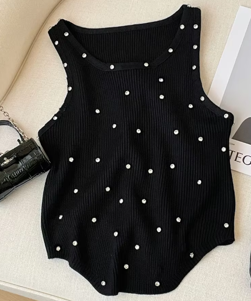 Black Rhinestone Ribbed Tank