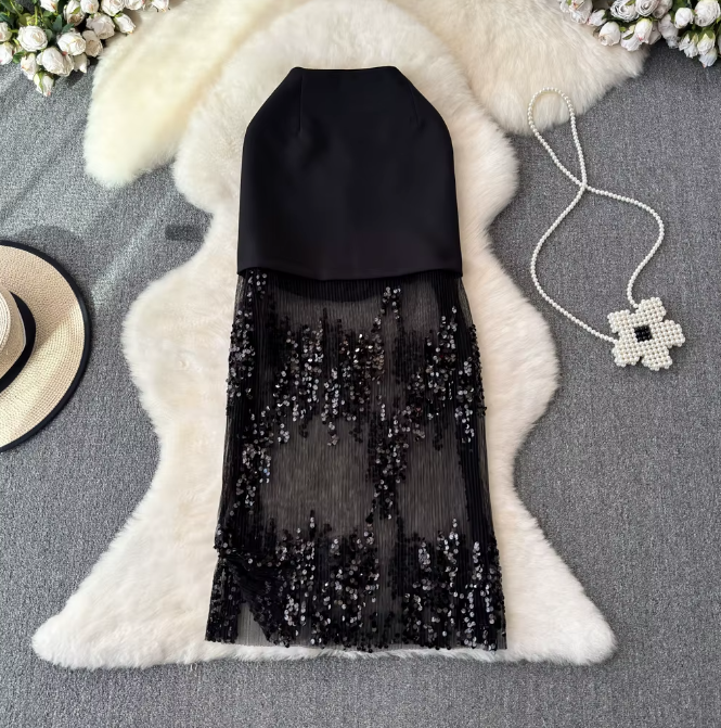 Black Sequins Midi Skirt