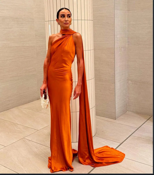 Orange Halter Neck Sleeveless Dress