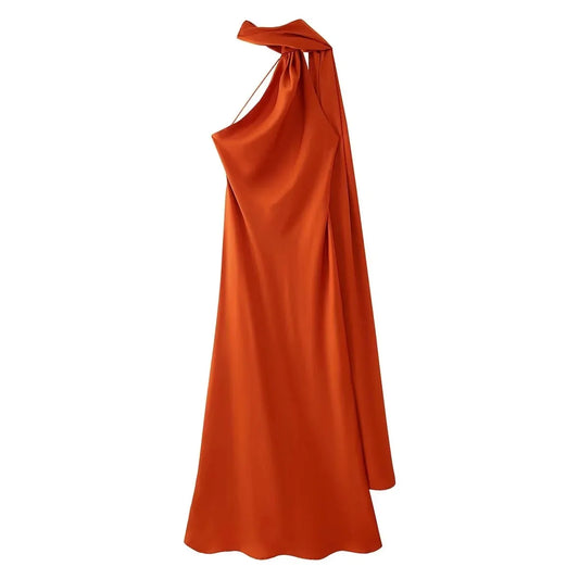 Orange Halter Neck Sleeveless Dress