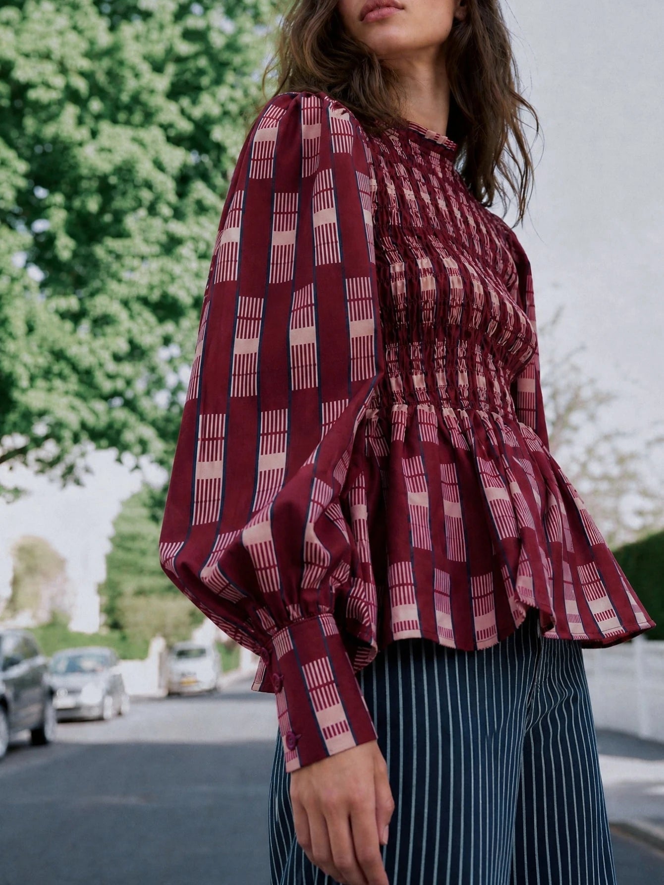 Burgundy Geometric Print Ruched Top