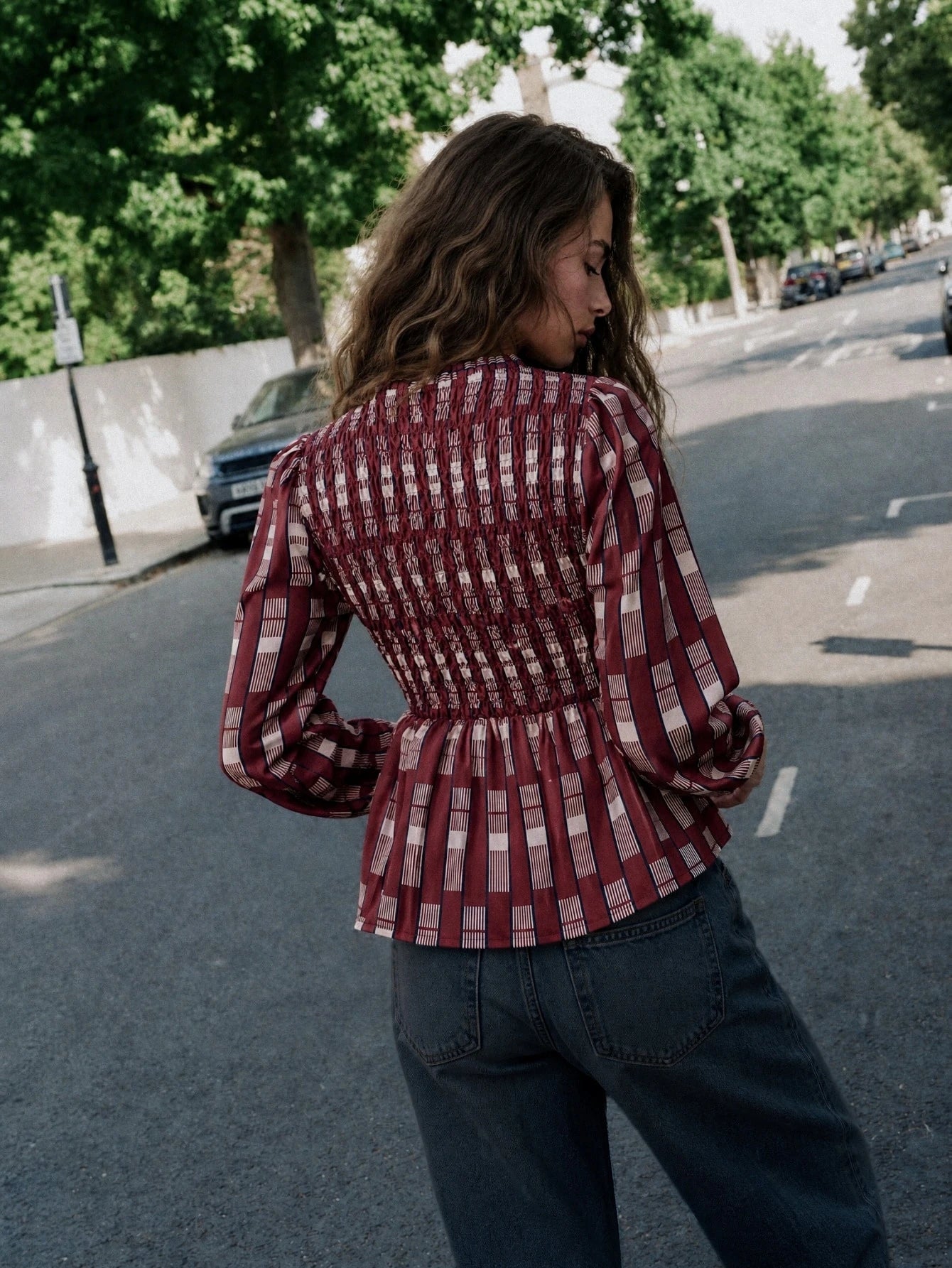Burgundy Geometric Print Ruched Top