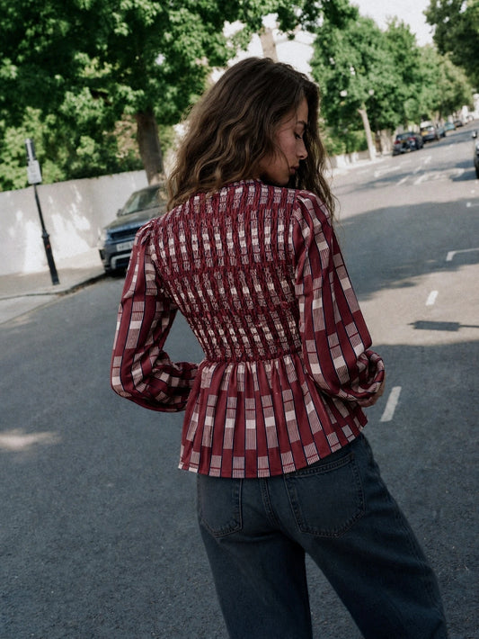 Burgundy Geometric Print Ruched Top