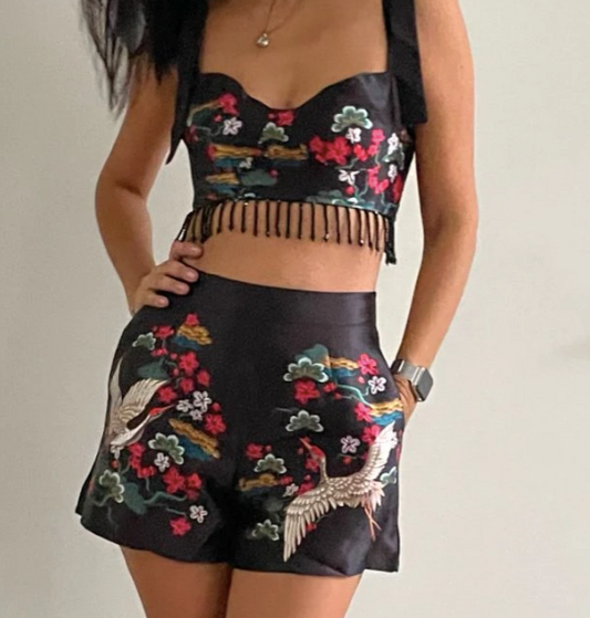 Printed Crop & Shorts Black Set